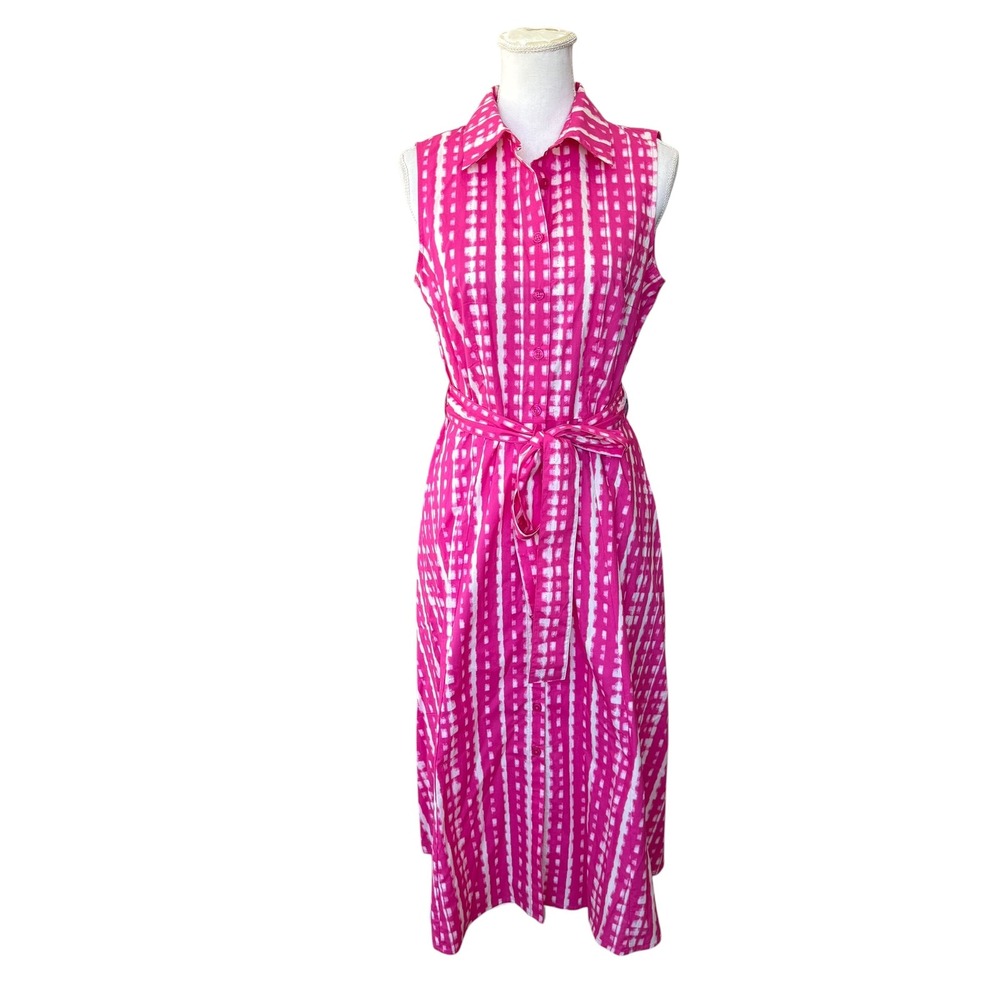 Calvin Klein Pink‎ White Cotton Ikat Grid Sleeveless Midi Shirtdress Size 6